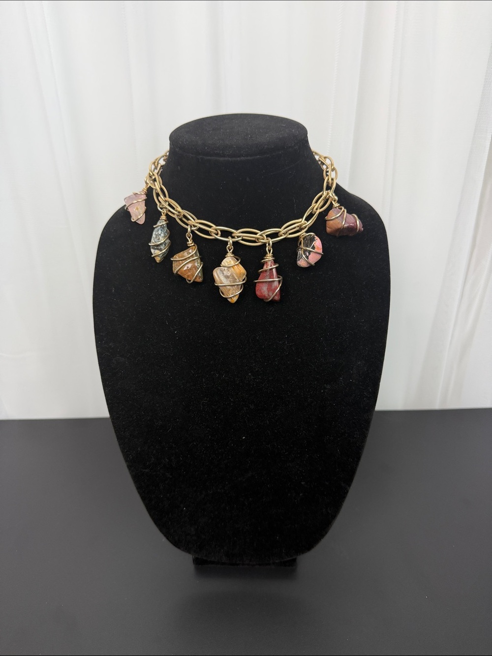 Gold Chain Necklace with wrapped Multi-Color Stones